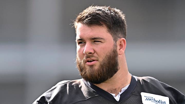 Jun 9, 2026; Houston, Texas, USA; Houston Texans center Eli Cox arrives for the team’s minicamp at Houston Methodist Training Center. Mandatory Credit: Maria Lysaker-Imagn Images