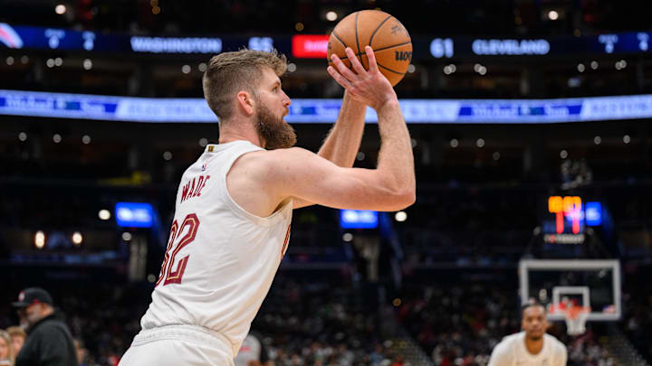 Oct 26, 2024; Washington, District of Columbia, USA; Cleveland Cavaliers forward Dean Wade (32) shoots a jump shot against the Washington Wizards during the third quarter at Capital One Arena. Mandatory Credit: Reggie Hildred-Imagn Images