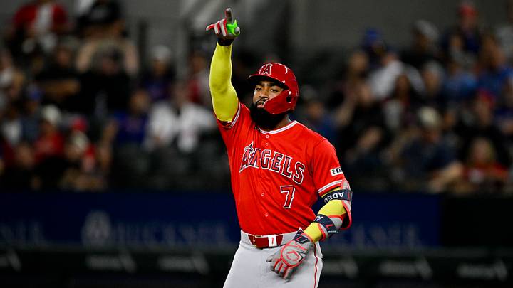 Jul 9, 2026; Arlington, Texas, USA; Los Angeles Angels pinch hitter Jo Adell (7) celebrates after hitting a single and driving in the game tying run against the Texas Rangers during the seventh inning at Globe Life Field. Mandatory Credit: Jerome Miron-Imagn Images Jul 9, 2026; Arlington, Texas, USA; Los Angeles Angels pinch hitter Jo Adell (7) celebrates after hitting a single and driving in the game tying run against the Texas Rangers during the seventh inning at Globe Life Field. Mandatory Credit: Jerome Miron-Imagn Images