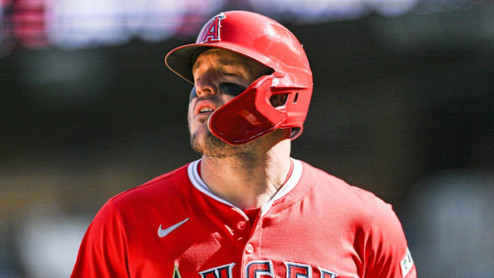Los Angeles Angels outfielder Mike Trout reacts during a game against the Minnesota Twins on April 26 at Target Field. Los Angeles Angels outfielder Mike Trout reacts during a game against the Minnesota Twins on April 26 at Target Field.