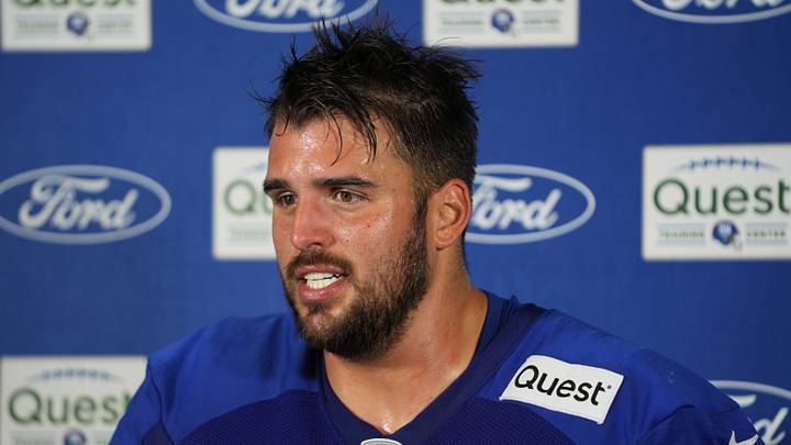 Jul 26, 2024; East Rutherford, NJ, USA; New York Giants offensive guard Jon Runyan (76) speaks at a press conference after training camp at Quest Diagnostics Training Center. Mandatory Credit: Lucas Boland-USA TODAY Sports Jul 26, 2024; East Rutherford, NJ, USA; New York Giants offensive guard Jon Runyan (76) speaks at a press conference after training camp at Quest Diagnostics Training Center. Mandatory Credit: Lucas Boland-USA TODAY Sports