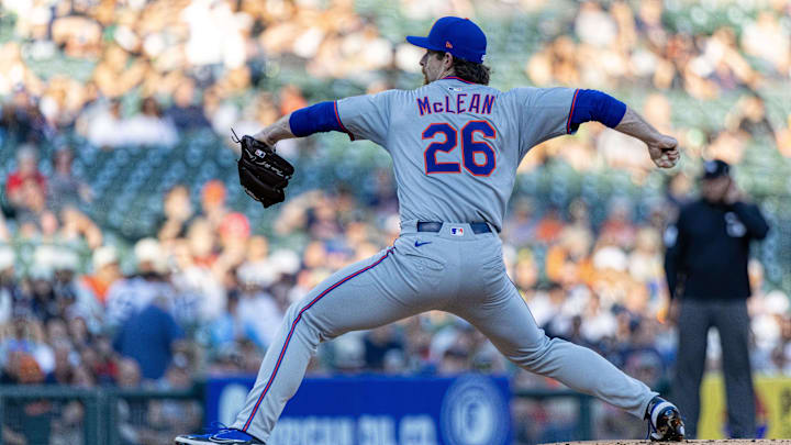 Sep 2, 2025; Detroit, Michigan, USA; New York Mets starting pitcher Nolan McLean (26) delivers in the first inning against the Detroit Tigers at Comerica Park. Mandatory Credit: David Reginek-Imagn Images