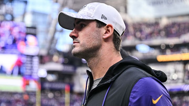 Dec 1, 2024; Minneapolis, Minnesota, USA; Newly acquired Minnesota Vikings quarterback Daniel Jones walks off the field after the game against the Arizona Cardinals at U.S. Bank Stadium.
