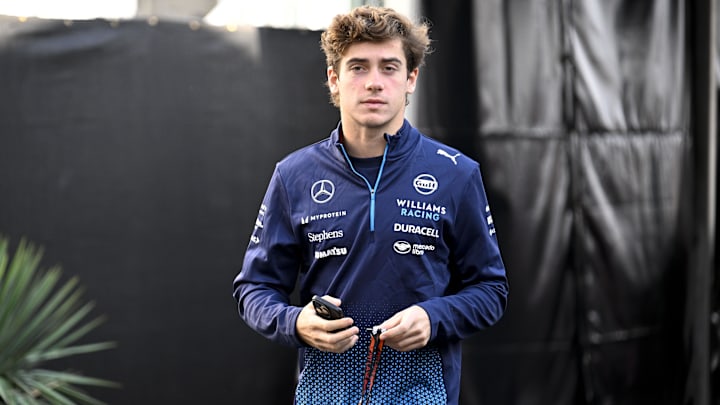 Oct 18, 2024; Austin, Texas, USA; Williams Racing driver Franco Colapinto (43) of Team Argentina  walks through the track entrance before practice for the 2024 US Grand Prix at Circuit of the Americas. Mandatory Credit: Jerome Miron-Imagn Images