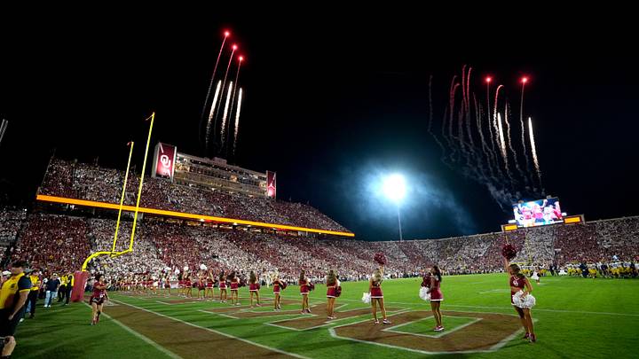 Fireworks are set off between quarters during a college football game between the University of Oklahoma Sooners (OU) and the University of Michigan Wolverines at Gaylord Family Ð Oklahoma Memorial Stadium in Norman, Okla., Saturday, Sept. 6, 2025. Oklahoma won 24-13. Fireworks are set off between quarters during a college football game between the University of Oklahoma Sooners (OU) and the University of Michigan Wolverines at Gaylord Family Ð Oklahoma Memorial Stadium in Norman, Okla., Saturday, Sept. 6, 2025. Oklahoma won 24-13.
