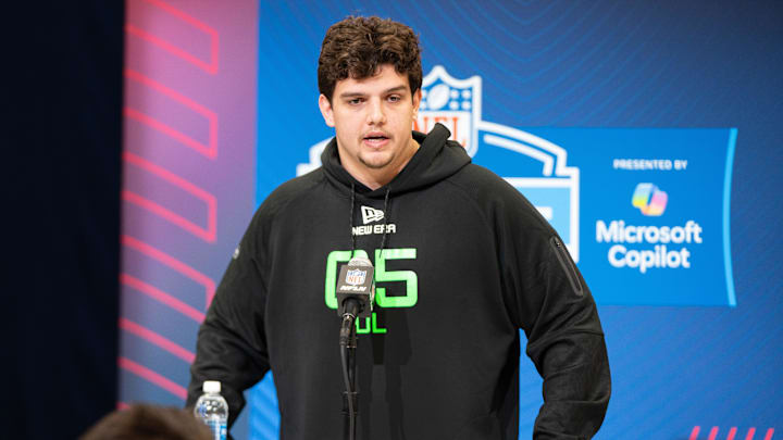 Mar 1, 2025; Indianapolis, IN, USA; Louisiana State University offensive lineman Will Campbell (OL05) answers questions at a press conference during the 2025 NFL Combine at Indiana Convention Center. Mandatory Credit: Jacob Musselman-Imagn Images Mar 1, 2025; Indianapolis, IN, USA; Louisiana State University offensive lineman Will Campbell (OL05) answers questions at a press conference during the 2025 NFL Combine at Indiana Convention Center. Mandatory Credit: Jacob Musselman-Imagn Images