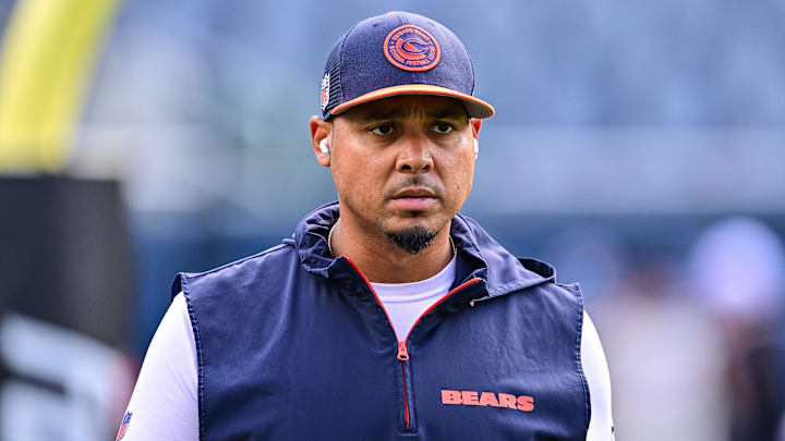 Aug 17, 2024; Chicago, Illinois, USA; Chicago Bears general manager Ryan Poles looks on before the game against the Cincinnati Bengals at Soldier Field. Mandatory Credit: Daniel Bartel-Imagn Images Aug 17, 2024; Chicago, Illinois, USA; Chicago Bears general manager Ryan Poles looks on before the game against the Cincinnati Bengals at Soldier Field. Mandatory Credit: Daniel Bartel-Imagn Images