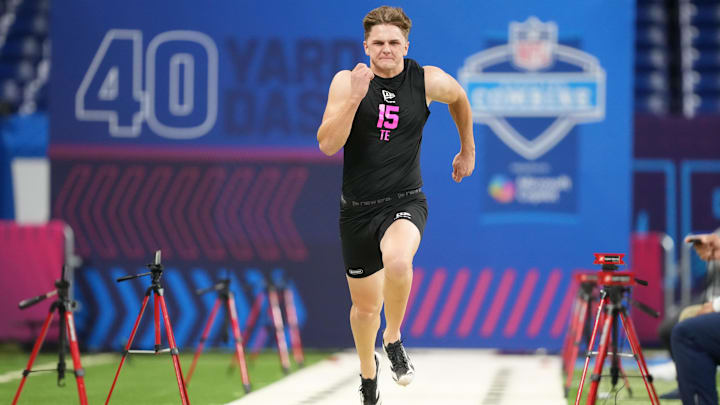 Feb 27, 2026; Indianapolis, IN, USA; Houston tight end Tanner Koziol (TE15) during the NFL Scouting Combine at Lucas Oil Stadium. Mandatory Credit: Kirby Lee-Imagn Images
