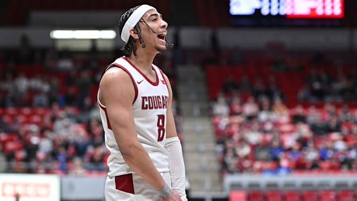 Jan 25, 2025; Pullman, Washington, USA; Washington State Cougars guard Nate Calmese (8) reacts after a foul called against the St. Mary's Gaels in the first half at Friel Court at Beasley Coliseum. Mandatory Credit: James Snook-Imagn Images Jan 25, 2025; Pullman, Washington, USA; Washington State Cougars guard Nate Calmese (8) reacts after a foul called against the St. Mary's Gaels in the first half at Friel Court at Beasley Coliseum. Mandatory Credit: James Snook-Imagn Images