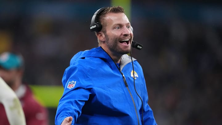 Oct 19, 2025; London, United Kingdom; Los Angeles Rams head coach Sean McVay reacts after a play against the Jacksonville Jaguars during the second half of an NFL International Series game at Wembley Stadium. Mandatory Credit: Kirby Lee-Imagn Images Oct 19, 2025; London, United Kingdom; Los Angeles Rams head coach Sean McVay reacts after a play against the Jacksonville Jaguars during the second half of an NFL International Series game at Wembley Stadium. Mandatory Credit: Kirby Lee-Imagn Images