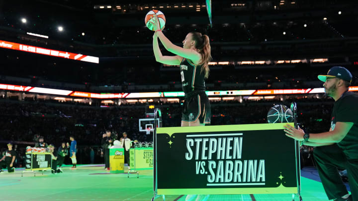 Feb 17, 2024; Indianapolis, IN, USA; New York Liberty guard Sabrina Ionescu (20) shoots the ball during the Stephen vs Sebrina three-point challenge during NBA All Star Saturday Night at Lucas Oil Stadium. Mandatory Credit: Kyle Terada-USA TODAY Sports