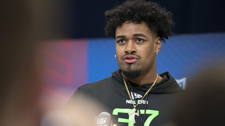Ohio State University offensive lineman Josh Simmons answers questions at a press conference during the 2025 NFL Combine. Ohio State University offensive lineman Josh Simmons answers questions at a press conference during the 2025 NFL Combine.