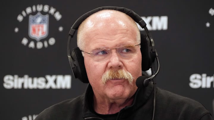 Feb 25, 2025; Indianapolis, IN, USA; Kansas City Chiefs oach Andy Reid on the SiriusXM radio set at the NFL Scouting Combine at the Indiana Convention Center. Mandatory Credit: Kirby Lee-Imagn Images
