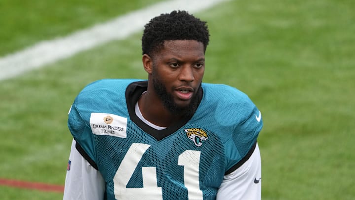 Oct 4, 2023; Ware, United Kingdom; Jacksonville Jaguars linebacker Josh Allen (41) participates in