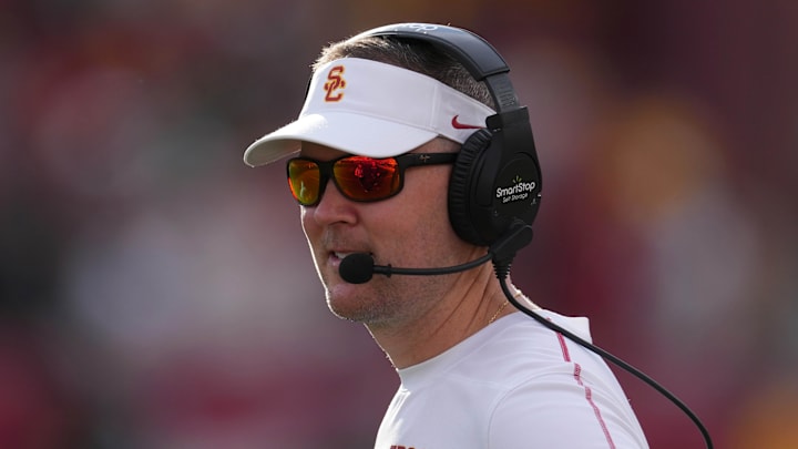 Nov 30, 2024; Los Angeles, California, USA; Southern California Trojans head coach Lincoln Riley reacts against the Notre Dame Fighting Irish in the second half at United Airlines Field at Los Angeles Memorial Coliseum. Mandatory Credit: Kirby Lee-Imagn Images