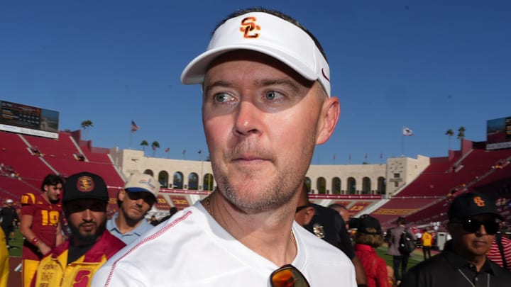 Sep 28, 2024; Los Angeles, California, USA; Southern California Trojans head coach Lincoln Riley reacts after a game against the Wisconsin Badgers at United Airlines Field at Los Angeles Memorial Coliseum. Mandatory Credit: Kirby Lee-Imagn Images