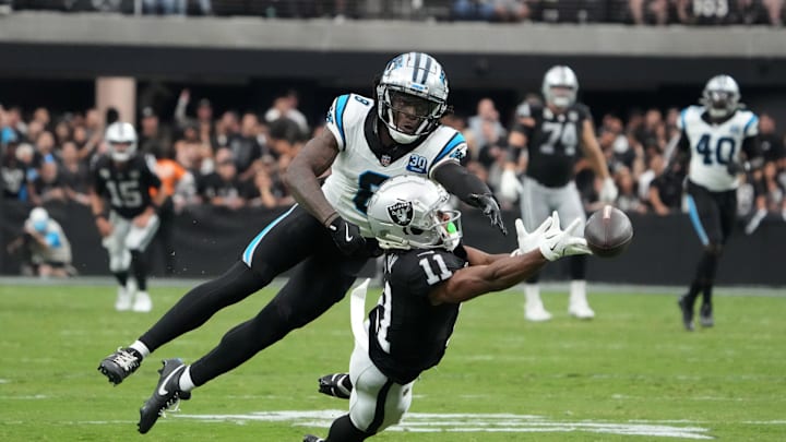 Sep 22, 2024; Paradise, Nevada, USA; Las Vegas Raiders wide receiver Tre Tucker (11) attempts to catch the ball against Carolina Panthers cornerback Jaycee Horn (8) in the second half at Allegiant Stadium. Mandatory Credit: Kirby Lee-Imagn Images Sep 22, 2024; Paradise, Nevada, USA; Las Vegas Raiders wide receiver Tre Tucker (11) attempts to catch the ball against Carolina Panthers cornerback Jaycee Horn (8) in the second half at Allegiant Stadium. Mandatory Credit: Kirby Lee-Imagn Images