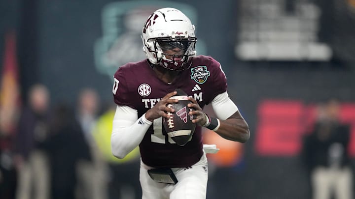 Dec 27, 2024; Las Vegas, NV, USA; Texas A&M Aggies quarterback Marcel Reed (10) throws the ball against the Southern California Trojans in the first half at Allegiant Stadium. Mandatory Credit: Kirby Lee-Imagn Images