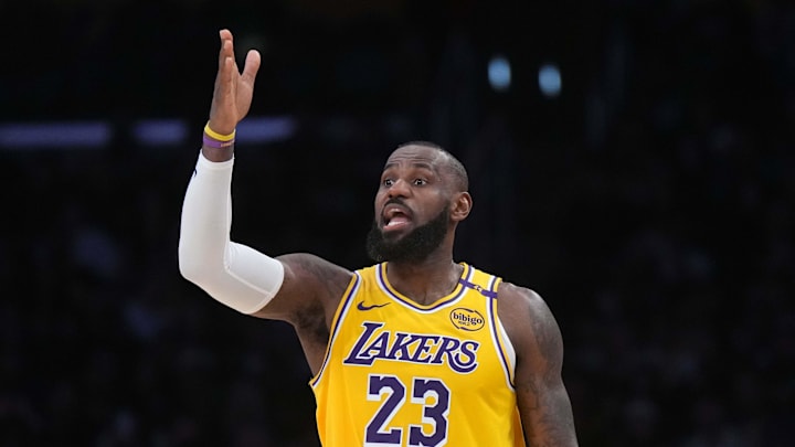 Jan 23, 2025; Los Angeles, California, USA; Los Angeles Lakers forward LeBron James (23) reacts in the second half against the Boston Celtics at the Crypto.com Arena. Mandatory Credit: Kirby Lee-Imagn Images Jan 23, 2025; Los Angeles, California, USA; Los Angeles Lakers forward LeBron James (23) reacts in the second half against the Boston Celtics at the Crypto.com Arena. Mandatory Credit: Kirby Lee-Imagn Images