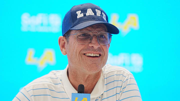 Jan 15, 2025; El Segundo, CA, USA; Los Angeles Chargers coach Jim Harbaugh at a press conference at The Bolt. 