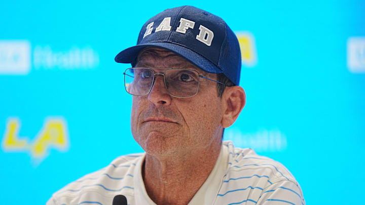 Jan 15, 2025; El Segundo, CA, USA; Los Angeles Chargers coach Jim Harbaugh at a press conference at The Bolt. Jan 15, 2025; El Segundo, CA, USA; Los Angeles Chargers coach Jim Harbaugh at a press conference at The Bolt.