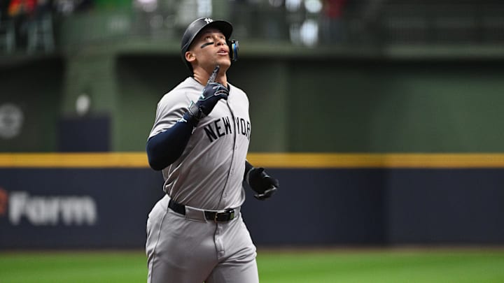 Apr 28, 2024; Milwaukee, Wisconsin, USA; New York Yankees outfielder Aaron Judge (99) celebrates