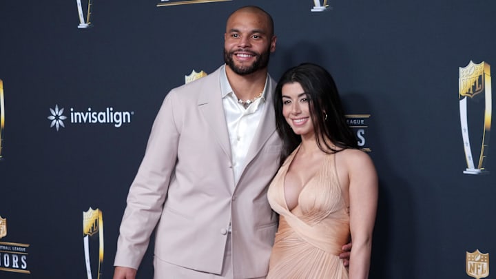 Feb 5, 2026; San Francisco, CA, USA; Dallas Cowboys quarterback Dak Prescott and wife Sarah Jane Ramos pose on the NFL Honors Red Carpet before Super Bowl LX at Palace of Fine Arts.