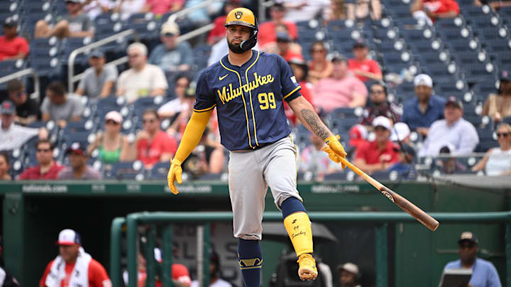 Aug 4, 2024; Washington, District of Columbia, USA; Milwaukee Brewers catcher Gary Sanchez (99) prepares to bat against the Washington Nationals during the fourth inning at Nationals Park.