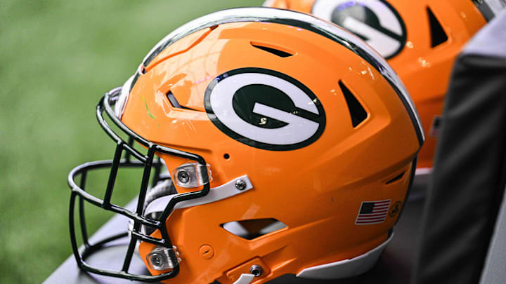Dec 29, 2024; Minneapolis, Minnesota, USA;  A Green Bay Packers helmet sits ready before the game against the Minnesota Vikings at U.S. Bank Stadium. Mandatory Credit: Jeffrey Becker-Imagn Images
