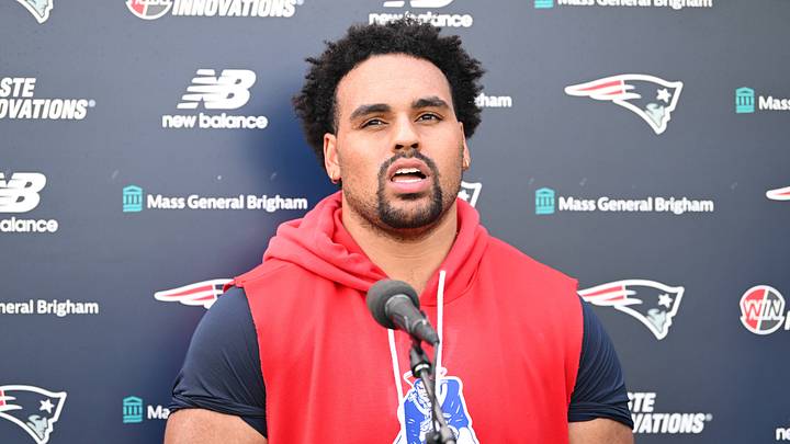 Jun 10, 2026; Foxborough, MA, USA; New England Patriots guard Alijah Vera-Tucker (75) speaks to the media after minicamp at Gillette Stadium. Mandatory Credit: Eric Canha-Imagn Images Jun 10, 2026; Foxborough, MA, USA; New England Patriots guard Alijah Vera-Tucker (75) speaks to the media after minicamp at Gillette Stadium. Mandatory Credit: Eric Canha-Imagn Images