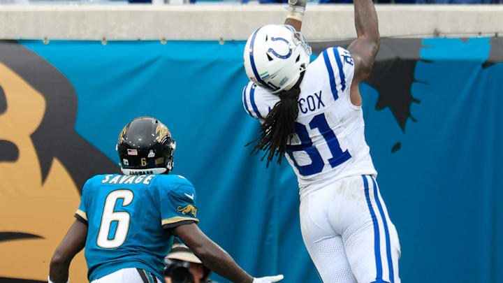 Indianapolis Colts tight end Mo Alie-Cox (81) can’t haul in a touchdown reception against Jacksonville Jaguars safety Darnell Savage (6) during the fourth quarter of an NFL football matchup Sunday, Oct. 6, 2024 at EverBank Stadium in Jacksonville, Fla. The Jaguars edged the Colts on a field goal 37-34. 