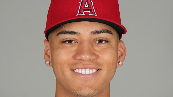 Feb 19, 2025; Tempe, AZ, USA; Los Angeles Angels pitcher Samy Natera Jr poses during photo day. Mandatory Credit: Rick Scuteri-Imagn Images