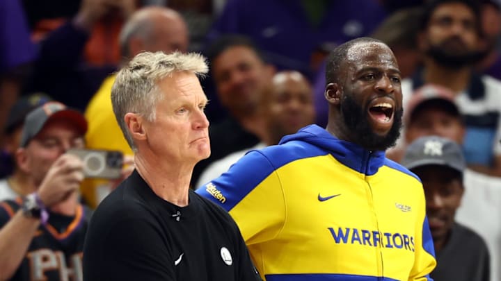 Steve Kerr and Draymond Green during what could be their last game together. 