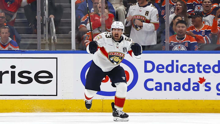 Jun 4, 2025; Edmonton, Alberta, CAN; Florida Panthers center Brad Marchand (63) reacts after scoring a goal against the Edmonton Oilers during the first period in game one of the 2025 Stanley Cup Final at Rogers Place. Mandatory Credit: Perry Nelson-Imagn Images