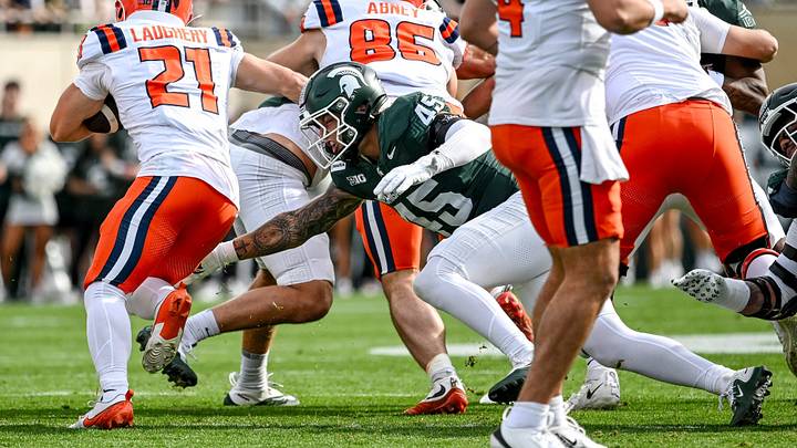 Michigan State’s Brady Pretzlaff, right, closes in on Illinois’ Aidan Laughery during the first quarter on Saturday, Oct. 10, 2026, at Spartan Stadium in East Lansing. Michigan State’s Brady Pretzlaff, right, closes in on Illinois’ Aidan Laughery during the first quarter on Saturday, Oct. 10, 2026, at Spartan Stadium in East Lansing.