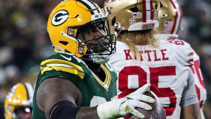Green Bay Packers defensive tackle Kenny Clark (97) celebrates after recovering a fumble against the San Francisco 49ers. Green Bay Packers defensive tackle Kenny Clark (97) celebrates after recovering a fumble against the San Francisco 49ers.