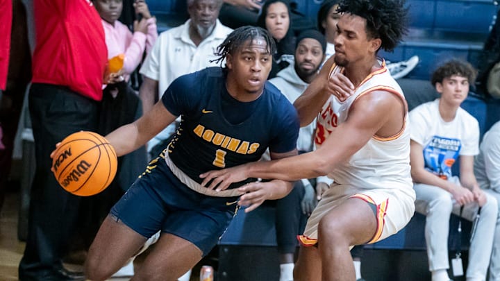 St. Thomas Aquinas' Zane Elliott (1) is a 6-6 combo forward who can score on three levels. He is one of the top junior players in the state of Florida and one to watch in 2024-25.