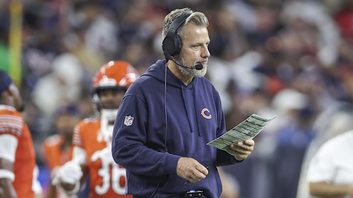 Sep 15, 2024; Houston, Texas, USA; Chicago Bears head coach Matt Eberflus reacts during the fourth quarter against the Houston Texans at NRG Stadium. Mandatory Credit: Troy Taormina-Imagn Images