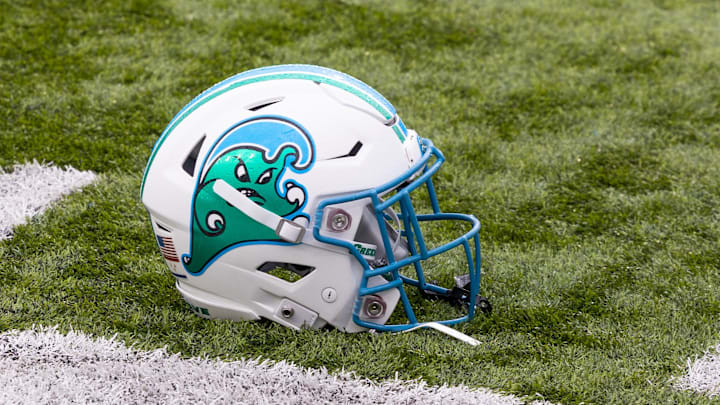 Dec 3, 2022; New Orleans, Louisiana, USA; Tulane Green Wave helmet on the field against the UCF Knights during the first half  at Yulman Stadium.