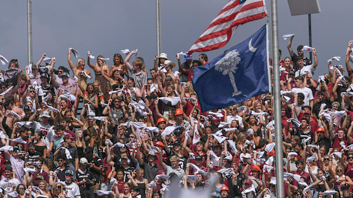 Sep 14, 2024; Columbia, South Carolina, USA; South Carolina Gamecocks fans cheer during before kickoff of a football game against the LSU Tigers at Williams-Brice Stadium. Mandatory Credit: Ken Ruinard/USA TODAY Network via Imagn Images
