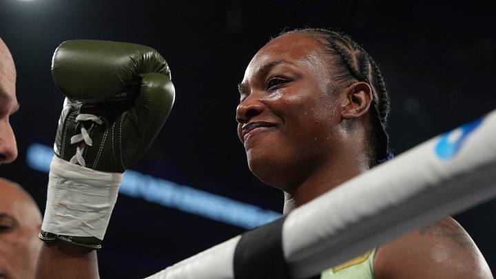 Claressa Shields takes to the ring before the heavyweight world title bout at Little Caesars Arena in Detroit on Sunday, Feb. 22, 2026.