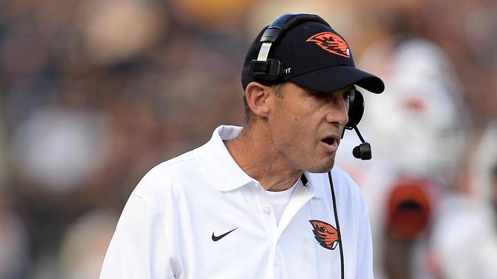 Oct 4, 2014; Boulder, CO, USA; Oregon State Beavers head coach Mike Riley on his sidelines in the fourth quarter against the Colorado Buffaloes at Folsom Field. The Beavers defeated the Buffaloes 36-31. Mandatory Credit: Ron Chenoy-Imagn Images Oct 4, 2014; Boulder, CO, USA; Oregon State Beavers head coach Mike Riley on his sidelines in the fourth quarter against the Colorado Buffaloes at Folsom Field. The Beavers defeated the Buffaloes 36-31. Mandatory Credit: Ron Chenoy-Imagn Images