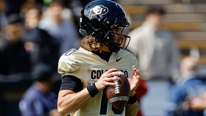 Apr 19, 2025; Boulder, CO, USA; Colorado Buffaloes quarterback Julian Lewis (10) during the spring game at Folsom Field. Mandatory Credit: Isaiah J. Downing-Imagn Images