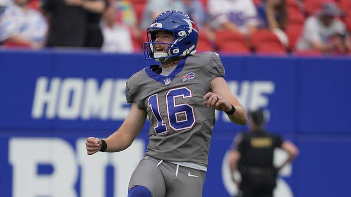 Kicker Tyler Bass reacts to a kick he made before Return of the Blue and Red practice at Highmark Stadium in Orchard Park on Aug. 8, 2026.