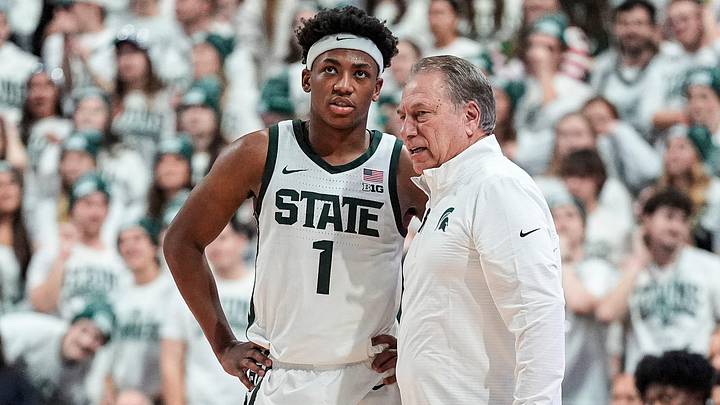 Michigan State guard Jeremy Fears Jr. talks to head coach Tom Izzo during the first half against Duke at Breslin Center in East Lansing on Saturday, Dec. 6, 2025.
