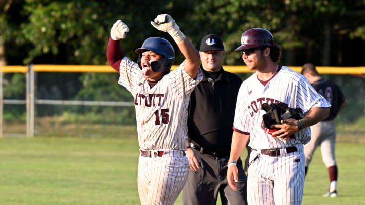 COTUIT   07/05/23   Caleb Lomavita of Coutit  reacts after his single brings in the team's second run against Falmouth and breaking the 1-1 tie in a game they eventually won 3-2.
