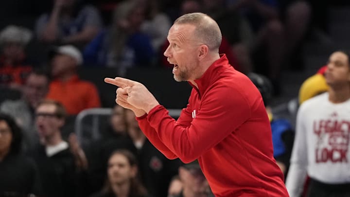 Mar 12, 2026; Charlotte, NC, USA; Louisville Cardinals head coach Pat Kelsey reacts in the first half at Spectrum Center. Mandatory Credit: Bob Donnan-Imagn Images