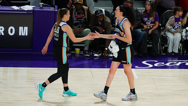 Jun 21, 2026; Los Angeles, California, USA;  New York Liberty guard Sabrina Ionescu (20) and forward Breanna Stewart (30) high five each other during a timeout break in the second quarter at Crypto.com Arena. Mandatory Credit: William Navarro-Imagn Images
