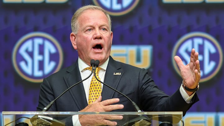 Jul 16, 2025; Atlanta, GA, USA; LSU Tigers head coach Brian Kelly talks to the media during SEC Media Day at Omni Atlanta Hotel. Mandatory Credit: Jordan Godfree-Imagn Images Jul 16, 2025; Atlanta, GA, USA; LSU Tigers head coach Brian Kelly talks to the media during SEC Media Day at Omni Atlanta Hotel. Mandatory Credit: Jordan Godfree-Imagn Images