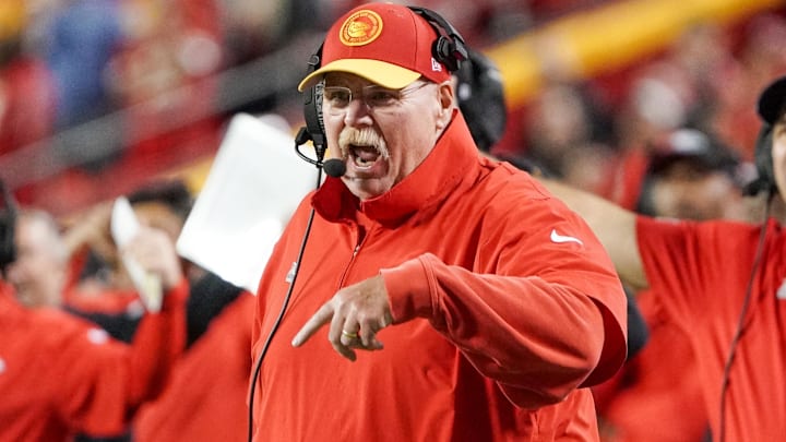 Kansas City Chiefs head coach Andy Reid reacts to a call against the Denver Broncos during the second half at GEHA Field at Arrowhead Stadium.